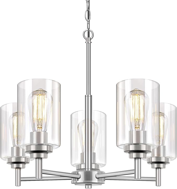 19.8'' 5-Light Chandelier for Dining Room Kitchen Island, Modern Farmhouse Pendant Lighting with Glass Shades Industrial Brushed Nicke Hanging Ceiling Light Fixture for Living Room, Height Adjustable