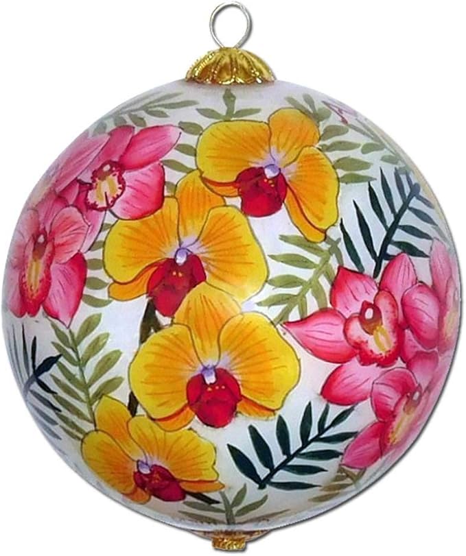 Lovely Hawaiian Orchid Ornament Collectible Hand-Painted Glass with Gift Box LO/K