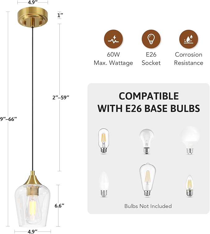 VONLUCE Pendant Light Kitchen Island, Brushed Gold Pendant Light Fixture with E26 Base & Adjustable Cable, Modern Pendant Lighting with Glass Shade for Living Room Bedroom Hallway