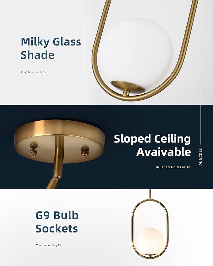Gold Pendant Lights - 1-Light Pendant Lighting for Kitchen Island with Milky White Globe Glass - Vintage Pendant Light Fixtures - Gold Hanging Lights for Kitchen H9376-MGBG