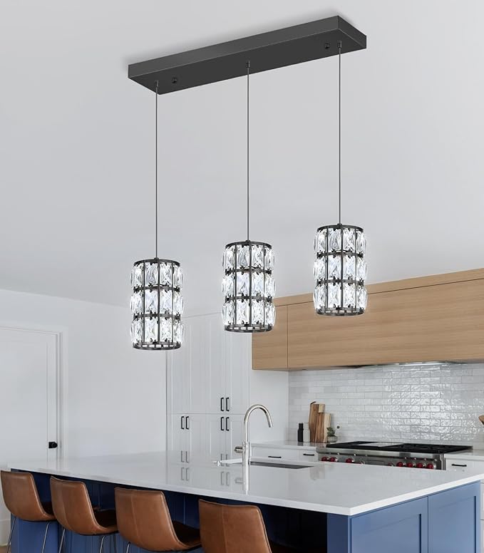 3-Lights Rectangle Modern Crystal Pendant Lights for Kitchen Island LED Dimmable Glam Pendant Lighting Chandelier for Dining Room Hallway Corner Lamp Black