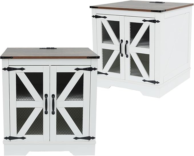 Large Farmhouse End Table Set of 2 with Charging Station and Mesh Barn Door, Rustic White Wood Nightstand with Storage Shelf for Living Room & Bedroom