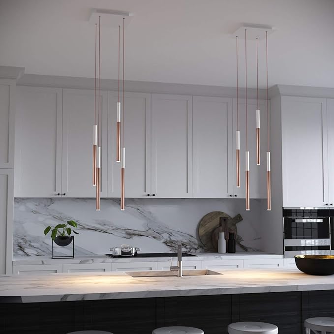 ALTAIR 4 Mini Pendant Lighting White-Copper - LED Hanging Light Fixture for Kitchen Island, Bar, Foyer - Cluster Pendants - Dimmable, Adjustable Wire, Lamp Bulb Included