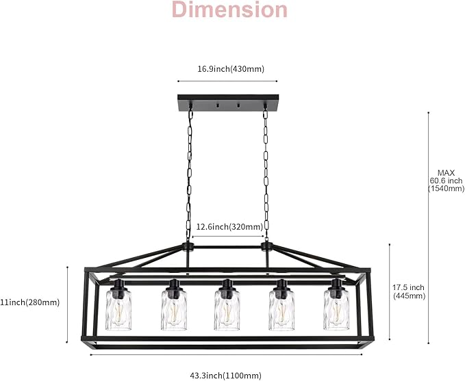 BONLICHT Black Farmhouse Chandeliers Rectangle 5 Light Modern Kitchen Island Pendant Light with Clear Water Glass Industrial Linear Dining Room Lighting Fixture Hanging Flush Mount Ceiling Lights