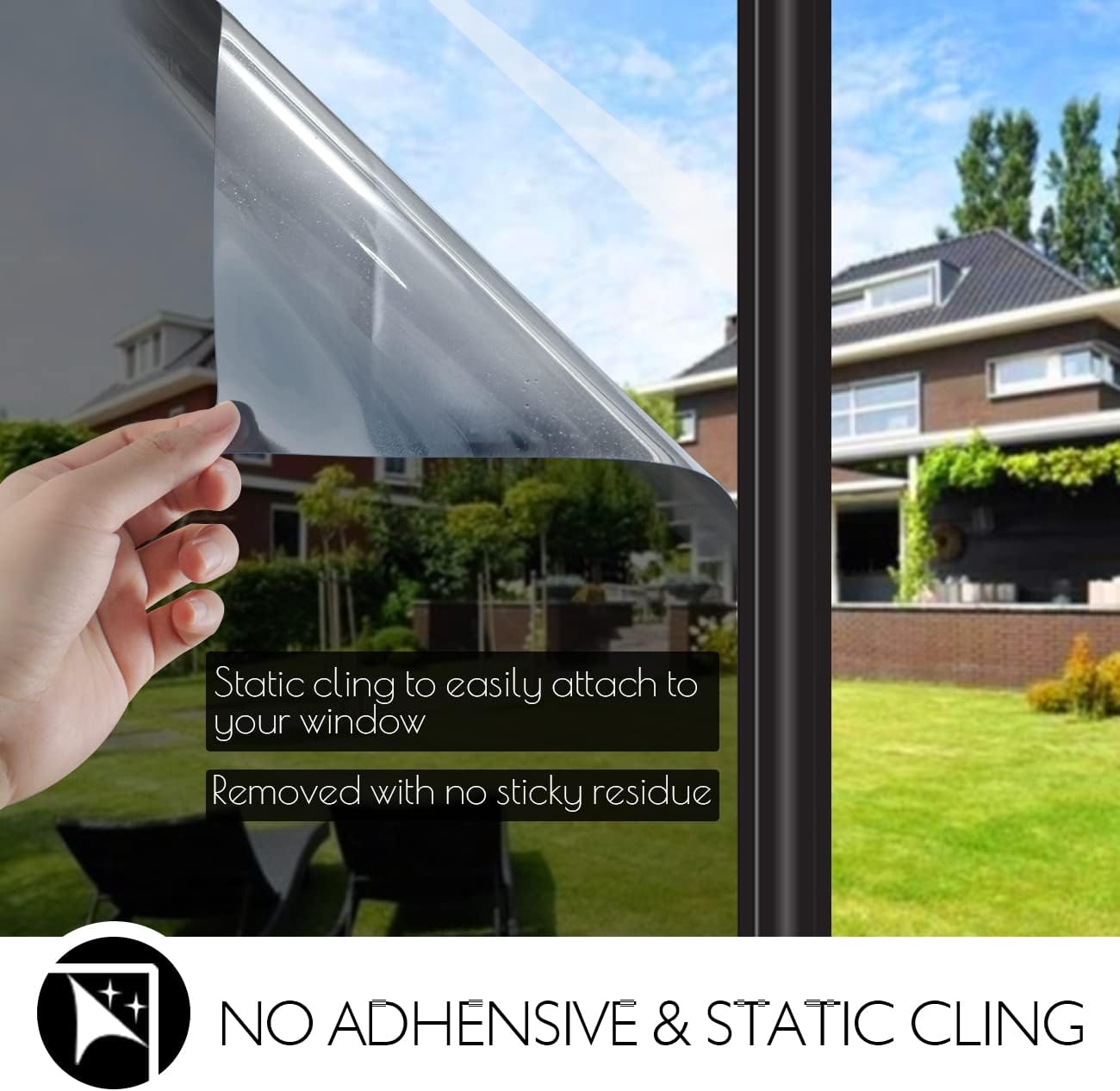 HIDBEA One Way Privacy Window Film, Daytime Mirror Reflective Heat Control UV Sun Blocking Non-Adhesive Static Cling Window Tint for Home and Office(Black-Silver, 35.4 Inch x 8.2 Feet)