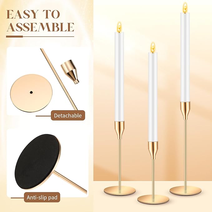30 Pcs Gold Candlestick Holders with LED Flameless Candles Bulk Includes 15 Metal Candle Holders and 15 Battery Operated Candles for Wedding Table Centerpieces Home Decor