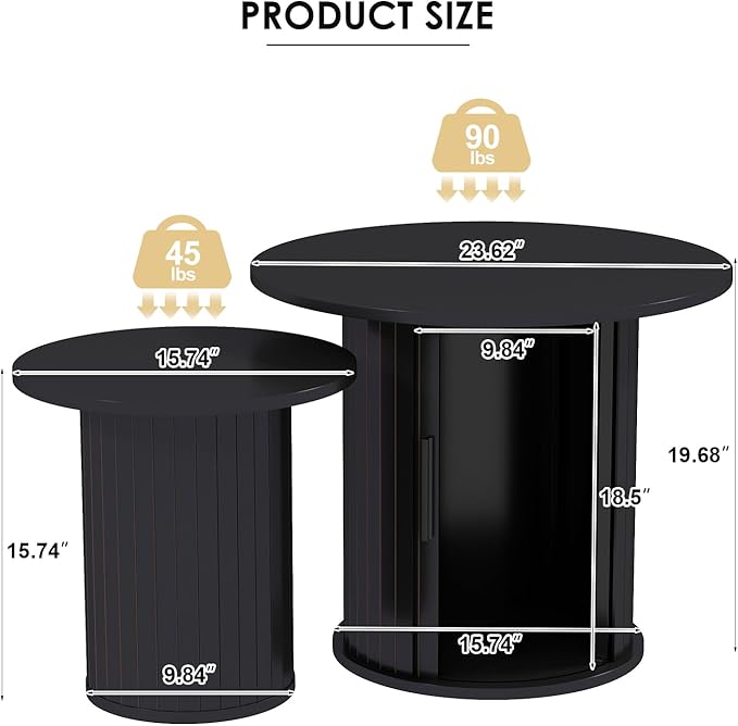 COSVALVE Nesting Coffee Table Set of 2 with Hidden Storage & Sliding Door, Circle Wood Coffee Table, Farmhouse Side & End Table Sets for Living Room, Small Spaces, Black