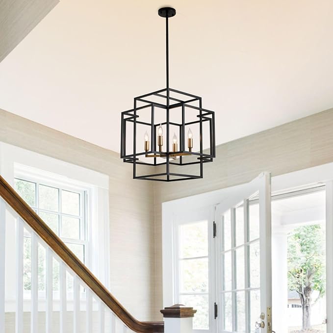 16.5" Farmhouse Chandelier, 4-Light Industrial Ceiling Pendant Light Fixture, Modern Foyer Lighting Fixtures, Dining Room Light Fixtures Over Table, Black and Gold Pendant Lights for Kitchen Island
