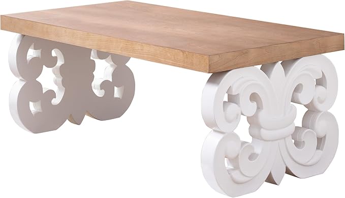 Rectangular Coffee Table with Natural Wood Top, Rustic Wooden Center Table with White Carved Base, Farmhouse Tea Table for Living Room Office Apartment,47.2" L x 23.6" W x 18" H