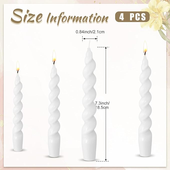 Zhengmy 4 Pcs Bright White Spiral Taper Candle 7 Inch Twisted Long Wax Dinner Candlestick for Fall Halloween Christmas Holiday Valentines Wedding Birthday Baby Shower Table Decor(Solid)