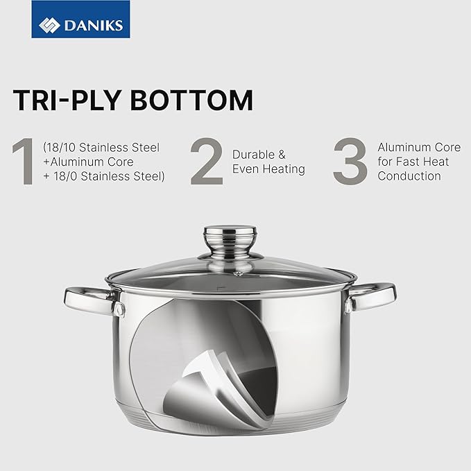 Daniks Standard 3 Quart Stainless Steel Stock Pot with Glass Lid, Try-Ply Bottom for Even Heating, Induction Compatible, Dishwasher Safe, Built-In Measuring Scale, Silver