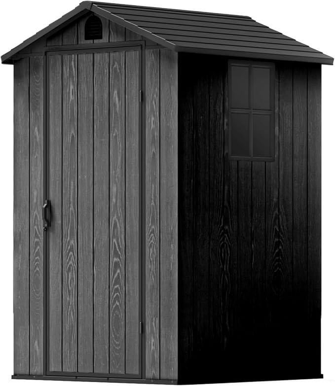 Patiowell 4 x 4 FT Plastic Outdoor Storage Shed with Floor, Garden Tool Shed with Two Windows and Single Lockable Door for Garden, Backyard, Lawn, Easy to Install, Dark Grey