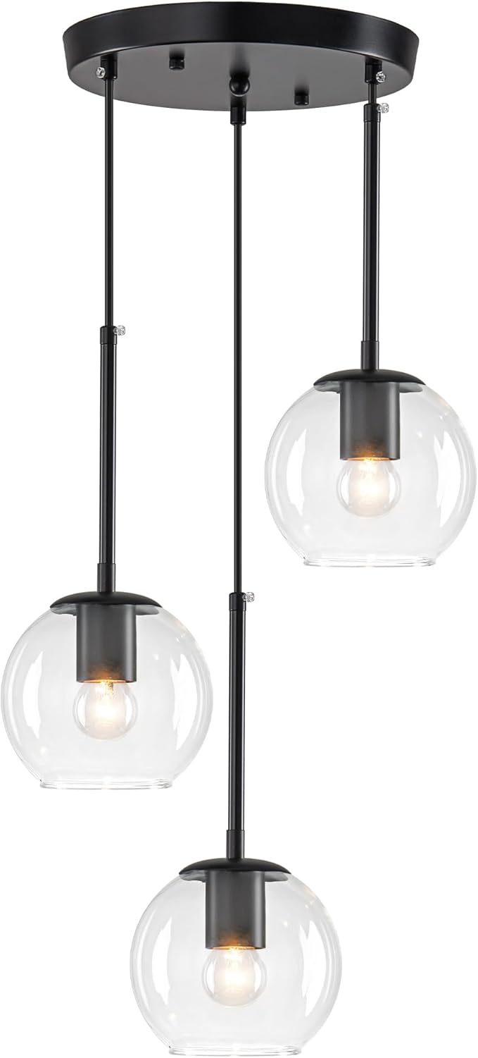 3-Light Black Modern Cluster Pendant Light, Adjustable Height Glass Globe Hanging Chandelier, E26 Base Ceiling Light Fixture for Kitchen Island Dining Room Living Room