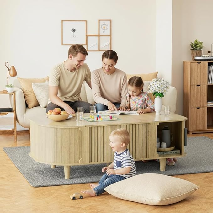 Oval Lift Top Coffee Table, Mid Century Modern Center Table with 3 Hidden Compartment, Coffee Tables with Storage Open Shelf and Sliding Cabinet Door for Home Living Room Office (Natural)