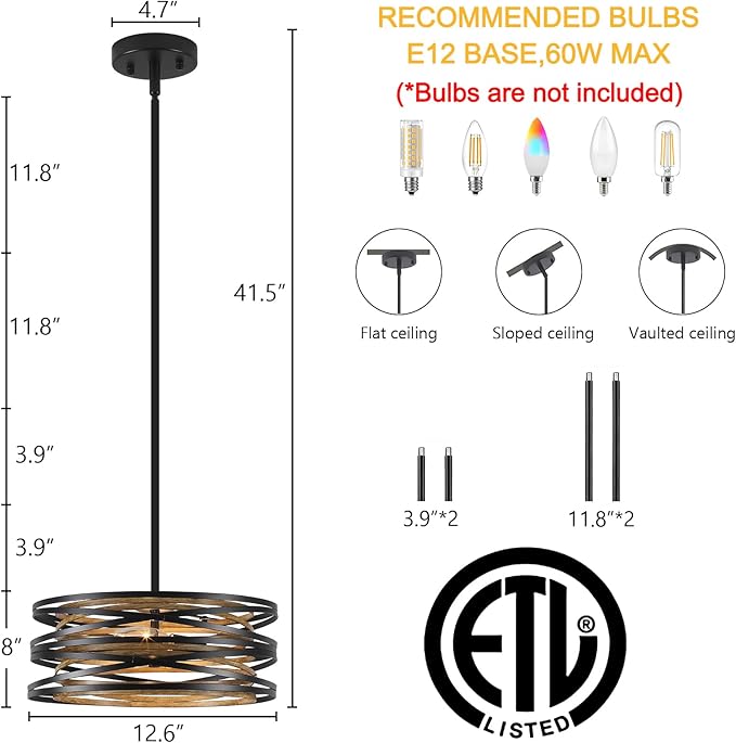 Farmhouse Semi Flush Mount Ceiling Light, Black and Wood Grain Kitchen Island Hanging Pendant Lighting for Dining Room Bedroom Bar Office, Industrial