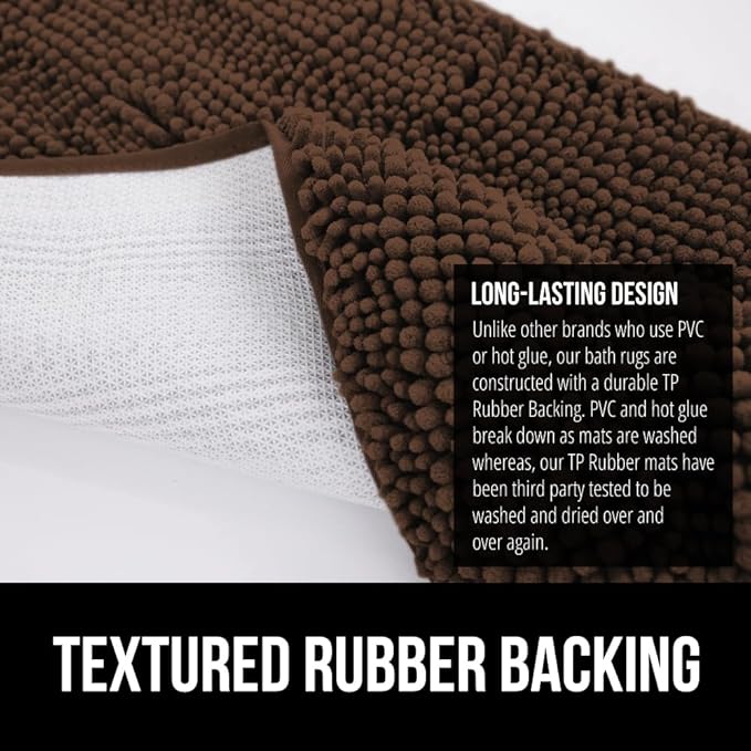 GORILLA GRIP Plush Absorbent Shaggy Chenille Bath Rug Mat for Oval Toilet Base with Rubber Backing, Machine Washable Rugs, Soft Microfiber Contour Mats for Toilets, Bathroom Decor, Brown