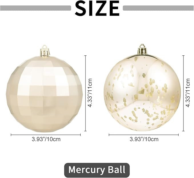 XmasExp Large Christmas Ball Ornaments,4pcs Champagne Giant Shatterproof Plastic Hanging Mercury Xmas Ball Decorations Christmas Tree Ornaments (Champagne Gold, 4")