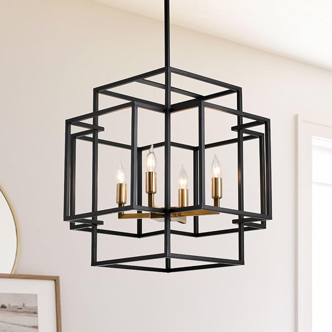 16.5" Farmhouse Chandelier, 4-Light Industrial Ceiling Pendant Light Fixture, Modern Foyer Lighting Fixtures, Dining Room Light Fixtures Over Table, Black and Gold Pendant Lights for Kitchen Island