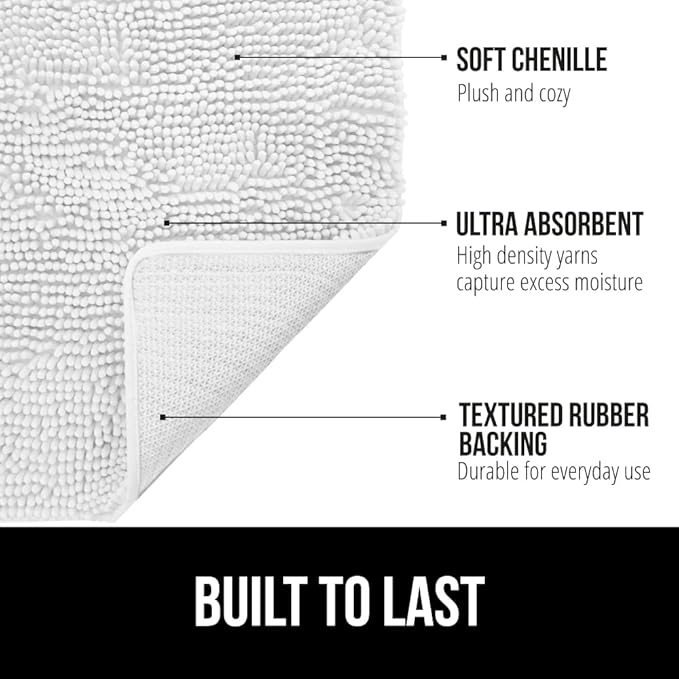 GORILLA GRIP Bath Rug Mat 44x26, Thick Soft Absorbent Chenille, Quick Dry Microfiber Mats, Rubber Backing Washable Shower Floor Rugs, Bathmat Runner, US Designed Bathroom Home Decor Accessories White