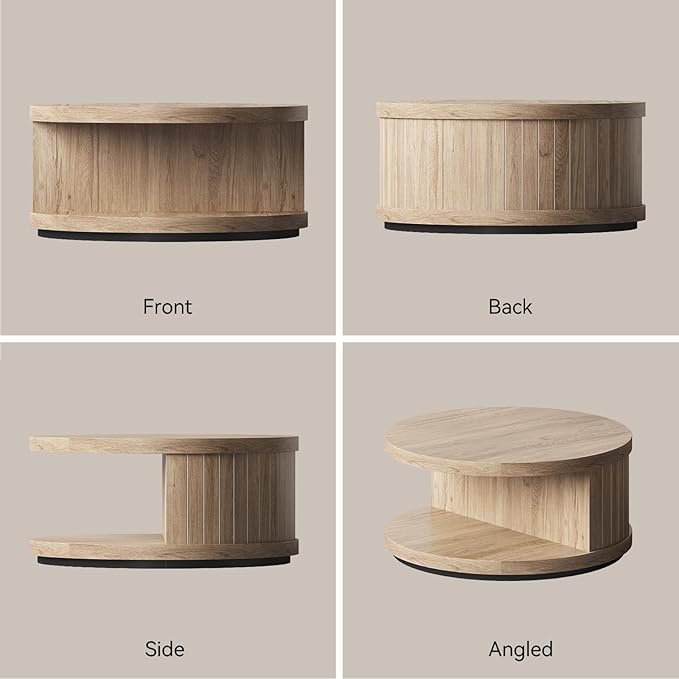 31-Inch Round Coffee Tables for Living Room, Wood Center Tea Tables with Open Shelf, Aesthetics Fluted Circle Coffee Table with Storage for Home Office, Natural Oak Brown