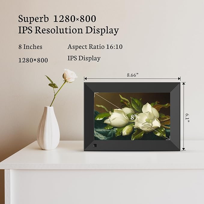 BSIMB 8 Inch Digital Picture Frame Touch Screen, 1280x800 HD WiFi Electronic Photo Frame Album Display 16GB, Share Pictures/Videos via App/USB/SD Easy Setup Gifts for Mom, Auto-Rotate, Solid Black