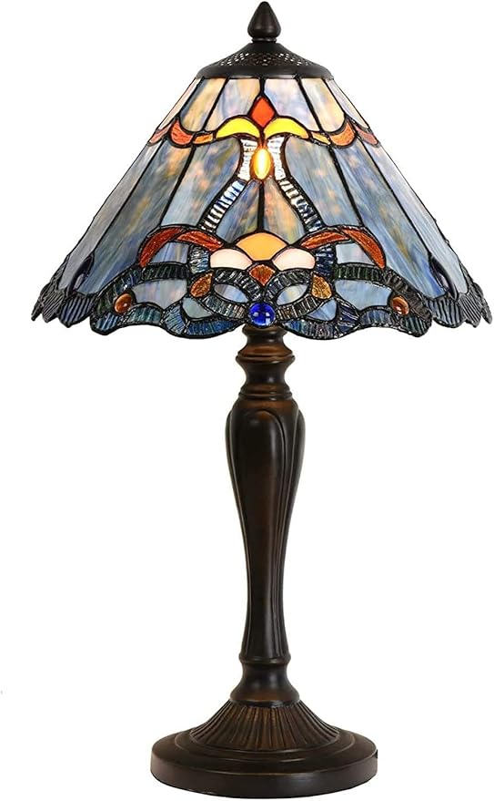 Bieye L10683 Baroque Tiffany Style Stained Glass Table Lamp Night Light with 12 Inch Wide Blue Lampshade for Bedside Bedroom Living Room, 20 inch Tall