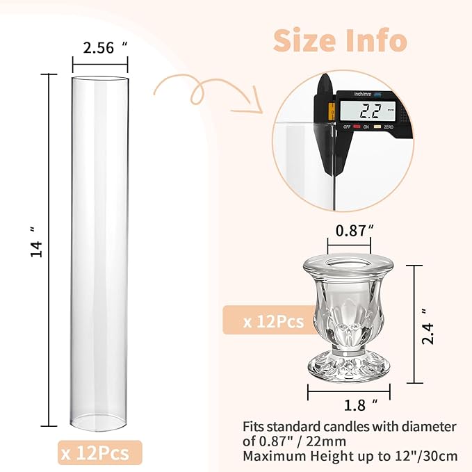 CHILL RECIPE Glass Hurricane Candlestick Holders Clear 14" Tall Cylinder Candle Holder Chimney Tube, Floral Taper Crystal Candle Stick Holder for Birthday Wedding Christmas Home Decor(2 Set 12Pcs)