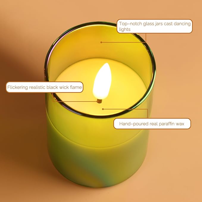 Green Christmas Glass Flameless Candles with Remote Batteries, Flickering Slim Tall LED Pillar Candles Set of 5