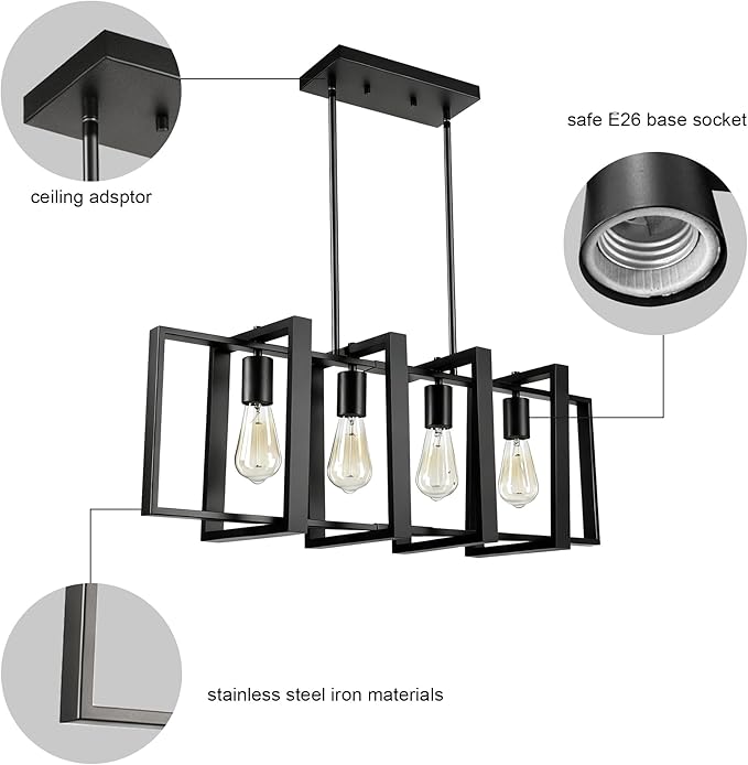 4-Light Island Lights for Kitchen, Rectangular Black Metal Kitchen Island Chandelier 31.5" Adjustable Rustic Modern Dining Room Light Fixtures Over Table, Chandeliers for Dining Room