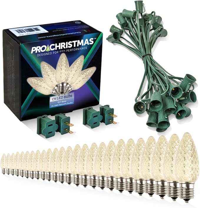 Pro Christmas C9 LED Christmas Light Kit for Rooflines & Pathways – DIY Cut to Length, Outdoor Commercial Grade (Green Wire w/Vampire Plugs, 25 Bulbs, 25 ft) Warm White