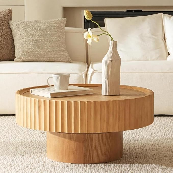 Round Coffee Table with Storage, 30.3” Fluted Drum Modern Living Room Table, Circle Wood Center Tables, Accent Mushroom Shape Coffee Tables for Living Room, Apartment(30.3''L×13.7''H)