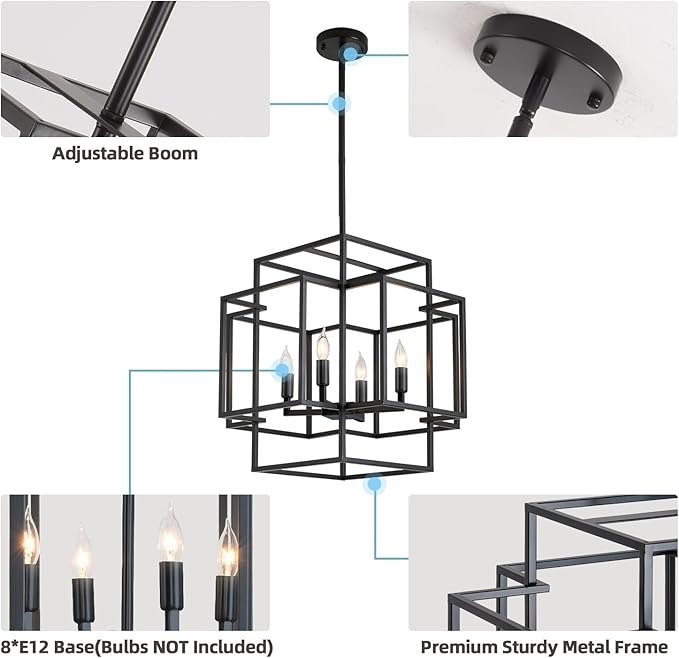 WJShome 16.5" Black Chandelier, 4-Light Farmhouse Foyer Lighting Fixtures, Modern Industrial Ceiling Lantern Pendant Light Large Chandeliers for High Ceilings, for Dining Room, Entryway, Staircase