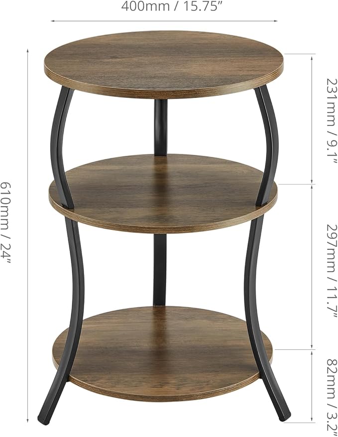 Round Side Table, 3-Tier Waist End Table with Storage Shelf, Side Tables Living Room,15.75x24’’Round Table, Sofa Side Table, Snack Table TV Tray Table, Vintage Nightstand for Bedroom,Grey