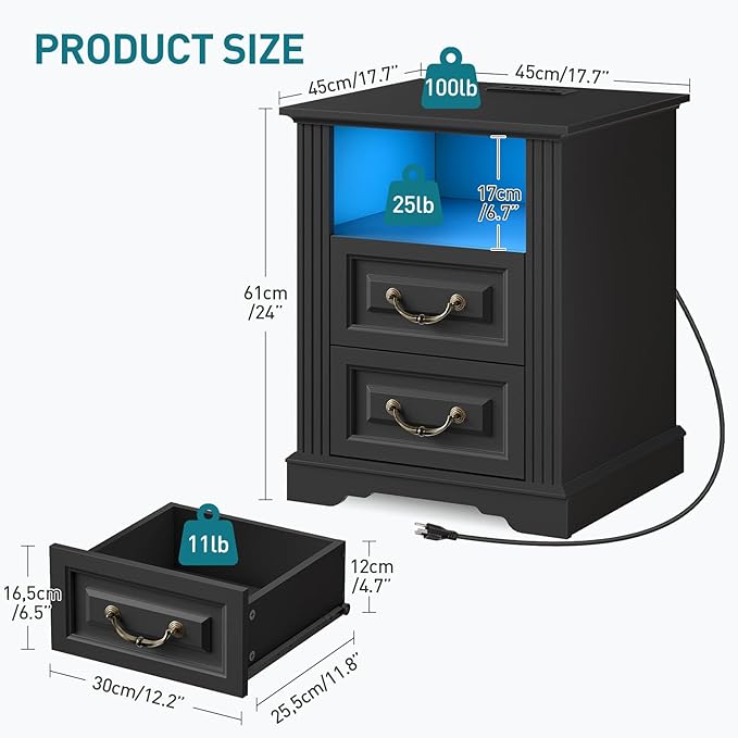 Farmhouse Nightstand Set of 2, Wooden Night Stand with Charging Station, LED Bedside Table with Drawers, Rustic Sofa Side Table, End Table for Bedroom, Living Room, Black