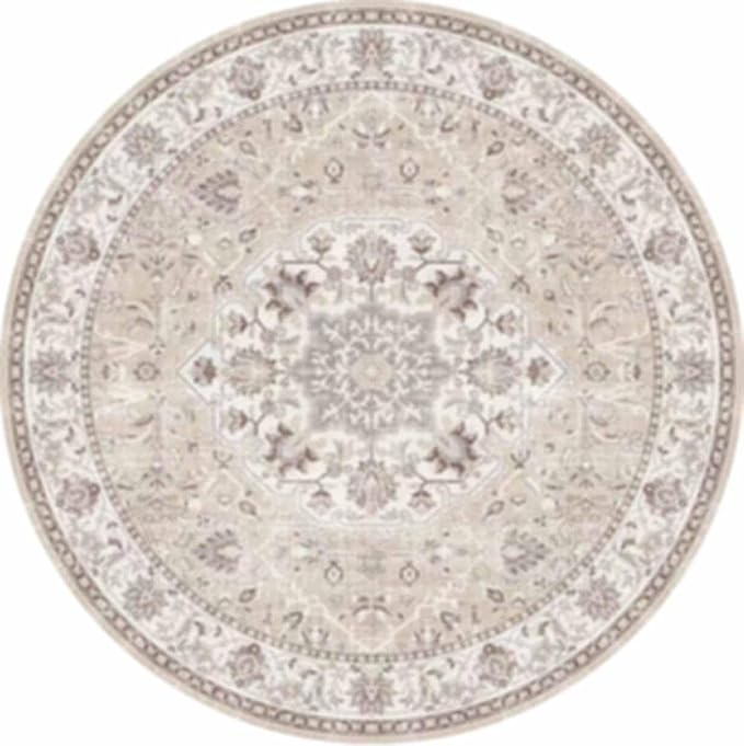 7x7 Living Room Area Rug: Washable Oriental Printed Soft Round Rug for Bedroom Besides Non-Slip Low-Pile Carpet for High-Traffic Area Indoor Stain Resistant Distressed Home Decor Mat(7Round,Beige)