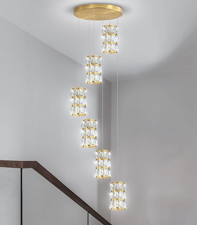 6-Lights Modern Crystal Pendant Lights for Kitchen Island LED Dimmable Glam Pendant Lighting Chandelier for Dining Room Hallway Corner Lamp Gold