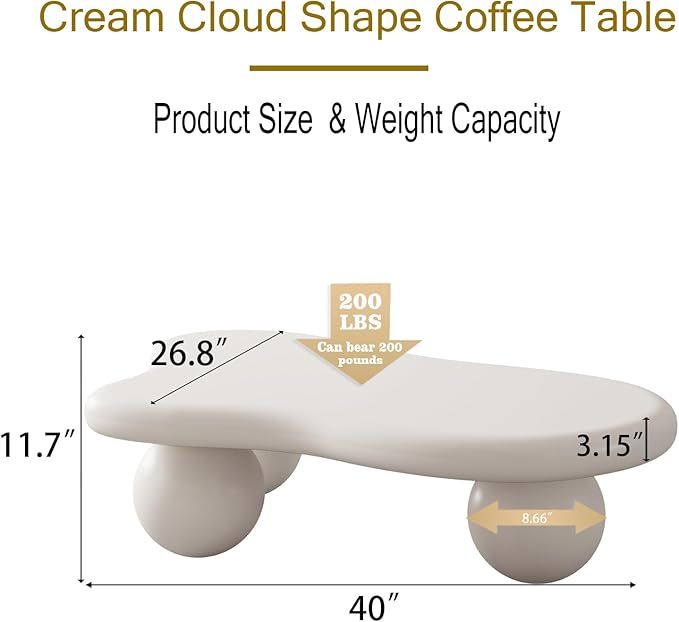 Modern Cloud Coffee Table with 3 Ball Legs, Cute Irregular Shaped Coffee Table, Low Center Table Tea Table for Small Space Living Room (40''L × 26.8''W × 11.7'H)