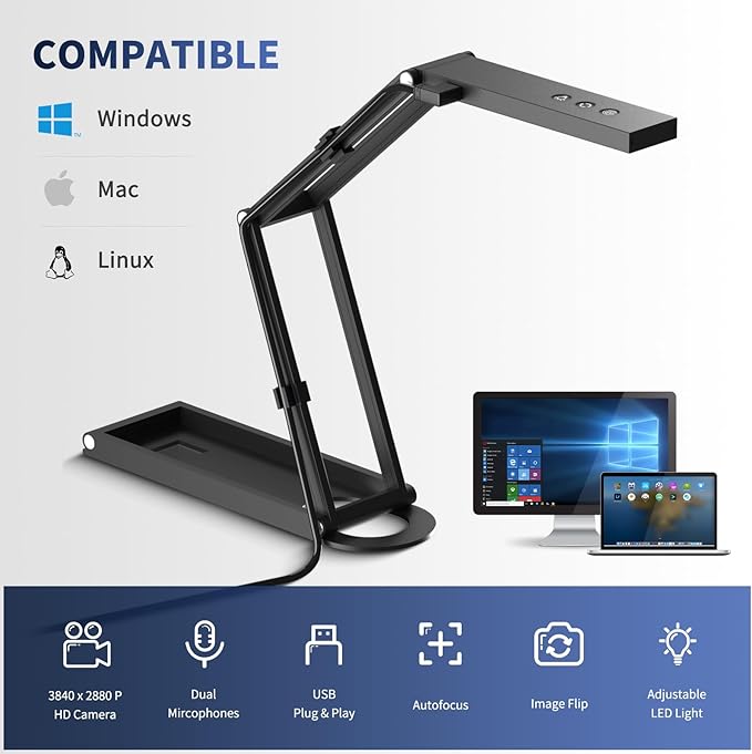 NETUM Document Camera & Webcam 4K with Microphone, USB Visualiser, 3-Level Touch LED, AutoFocus, Image Invert, Fold, for Windows - Remote Teaching & Live Demo (SD-1300)