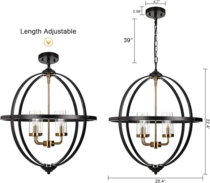 Treekee 4-Light Black Orb Chandelier, 20" Black and Gold Globe Pendant Light, Adjustable Hanging Ceiling Light Fixtures, Industrial Ceiling Chandelier Light for Kitchen, Dining Room, Foyer