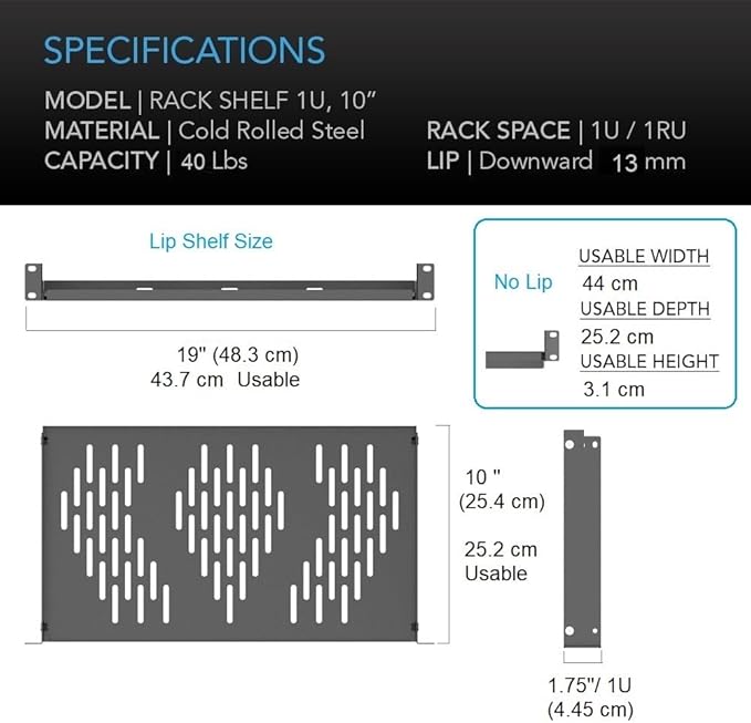 Beiyier 2PCS 1U Universal Server Rack Shelf, 10" Deep Vented Cantilever Mount Tray, for 19” Network Equipment Rack & Cabinet (Black)