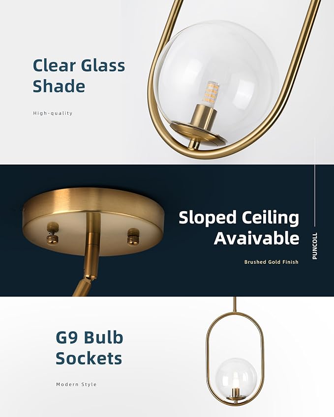 Gold Pendant Light Fixtures - 1-Light Pendant Light Fixture for Kitchen Island with Clear Glass - Modern Hanging Lights for Dining Room H9376-CLBG