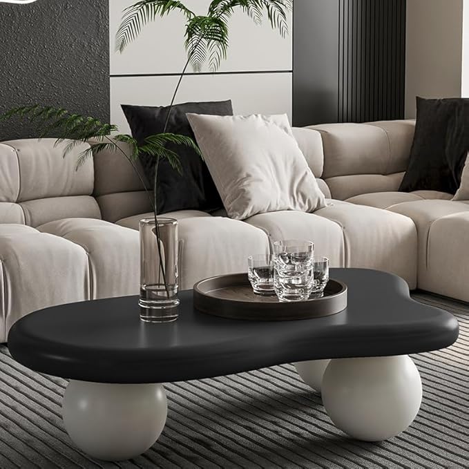 40” Cloud Coffee Table with 3 Ball Legs, Modern Lrregular Center Table for Living Room, Low Cute Small MDF Tea Table for Bedroom, Space Apartment-Black White