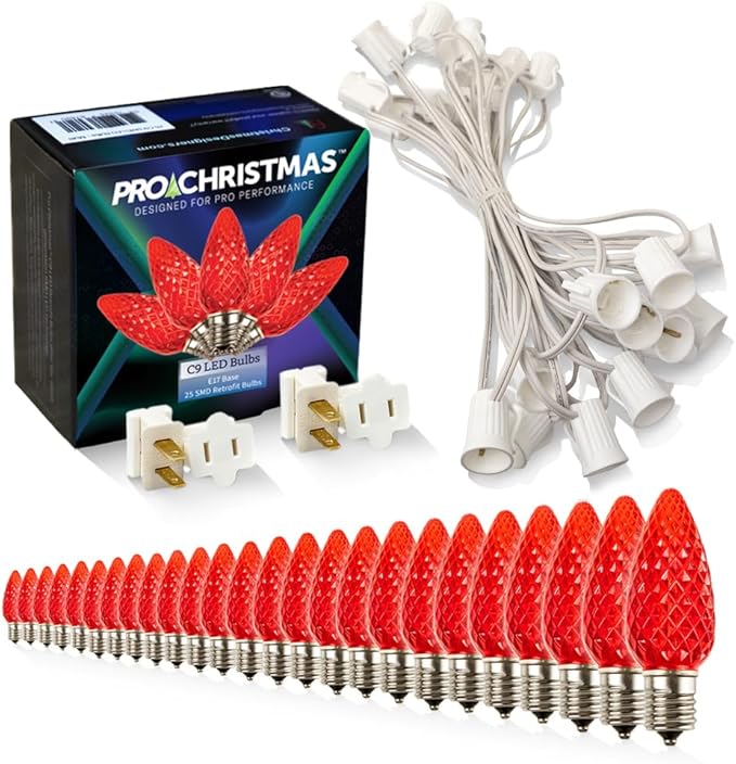 Pro Christmas C9 LED Christmas Light Kit for Rooflines & Pathways – DIY Cut to Length, Outdoor Commercial Grade (White Wire w/Vampire Plugs, 25 Bulbs, 25 ft) Red