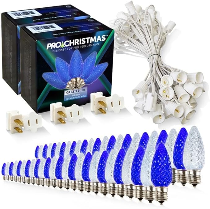 Pro Christmas C9 LED Christmas Light Kit for Rooflines & Pathways – DIY Cut to Length, Outdoor Commercial Grade (White Wire w/Vampire Plugs, 50 Bulbs, 50 ft) Pure White and Blue