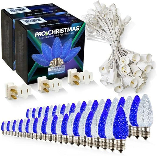 Pro Christmas C9 LED Christmas Light Kit for Rooflines & Pathways – DIY Cut to Length, Outdoor Commercial Grade (White Wire w/Vampire Plugs, 50 Bulbs, 50 ft) Pure White and Blue