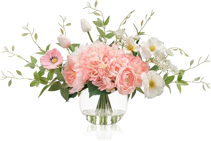 Artificial Flowers in Vase, WELL KNOWN Fake Silk Peony Tulip Hydrangea Pink & White Flower Bouquet Arrangement with Faux Water Centerpieces, Fake Flowers for Home Wedding Dining Table Party Decor Gift