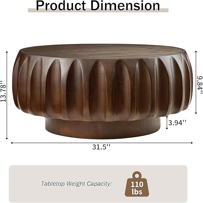 LKTART 31.5" Round Coffee Table Drum Table Contemporary Wood Fluted Centry Table with Solid Wood Veneer for Living Room (Walnut)