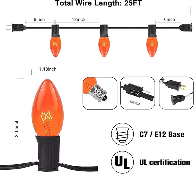 C9 Orange Halloween String Lights, 25Ft Christmas Outdoor String Lights with 26 Clear Orange Bulbs(1 Spare), Hanging Patio Lights for Outdoor Halloween Christmas Roofline Party Decoration- Black Wire