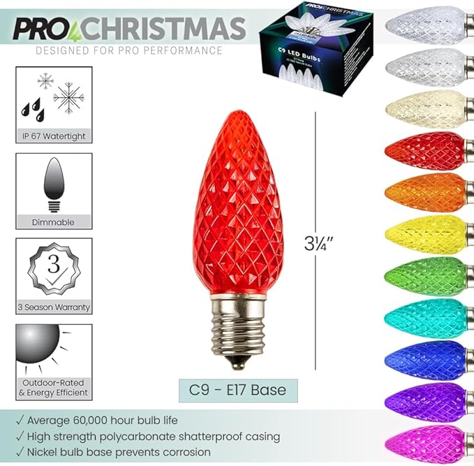 Pro Christmas C9 LED Christmas Light Kit for Rooflines & Pathways – DIY Cut to Length, Outdoor Commercial Grade (Green Wire w/Vampire Plugs, 25 Bulbs, 25 ft) Pure White and Red