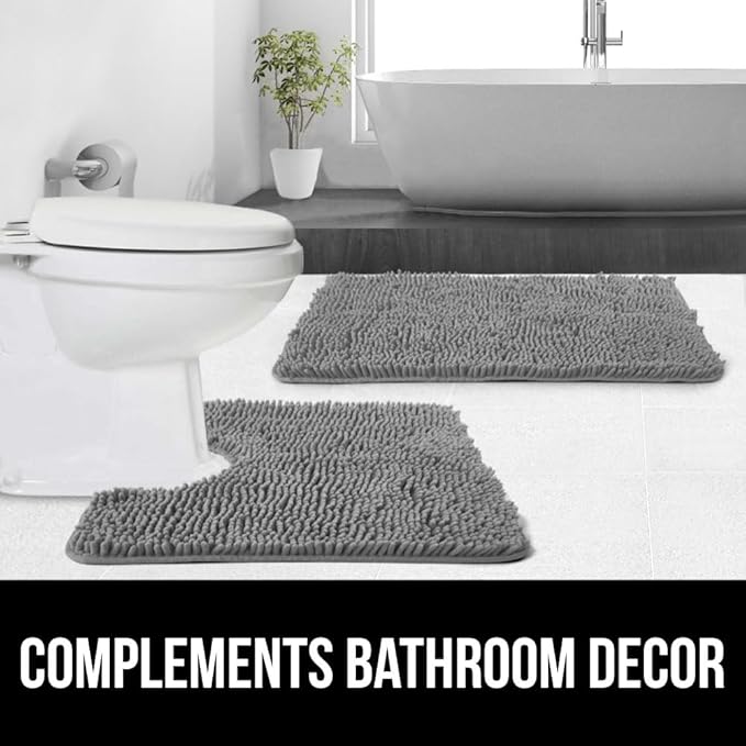 GORILLA GRIP Plush Absorbent Shaggy Chenille Bath Rug Mat for Square Toilet Base with Rubber Backing, Machine Washable Rugs, Soft Microfiber Contour Mats for Toilets, Bathroom Decor, Grey